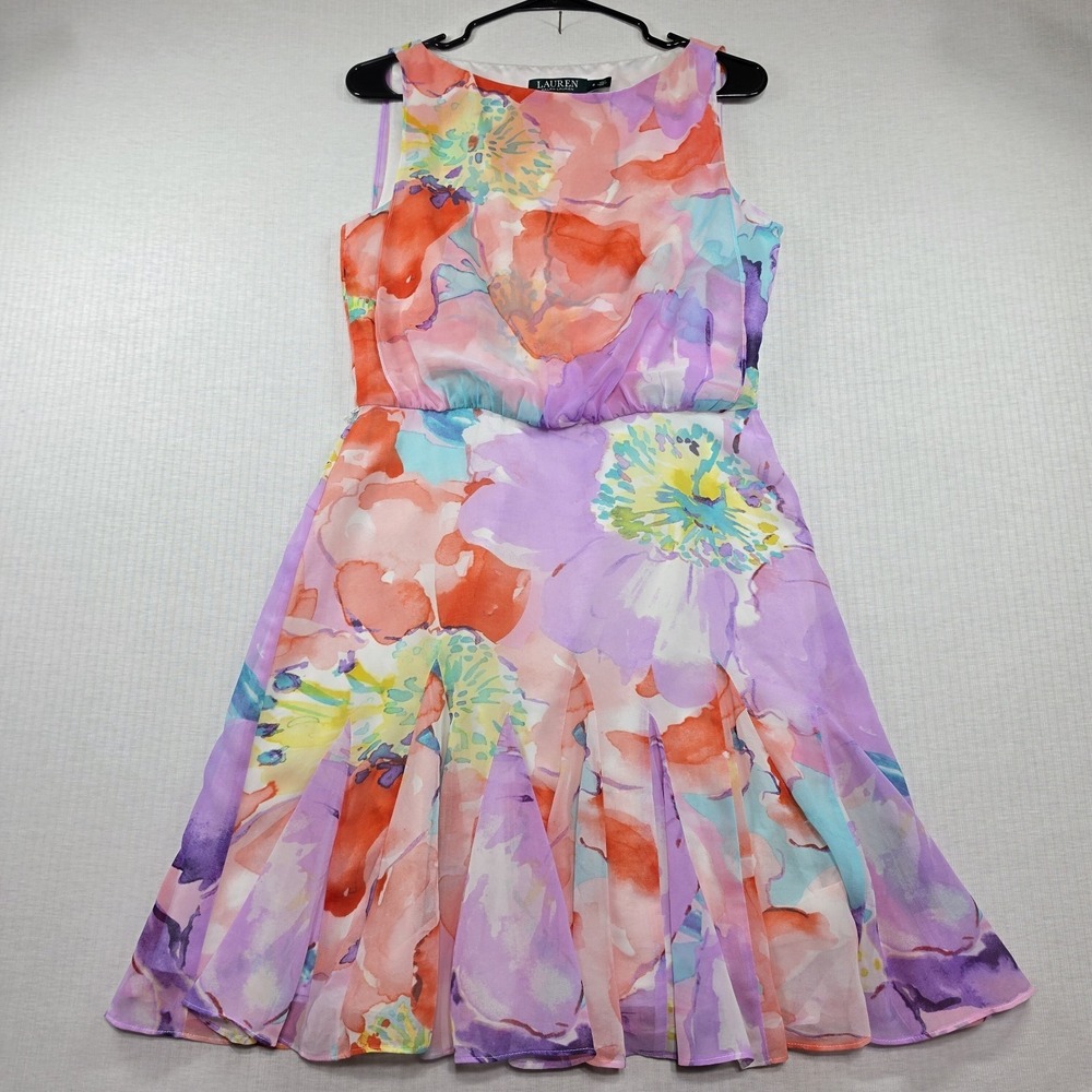 Lauren Ralph Lauren Watercolor Floral Chiffon A-Line Dress 6 Cottagecore Flowy